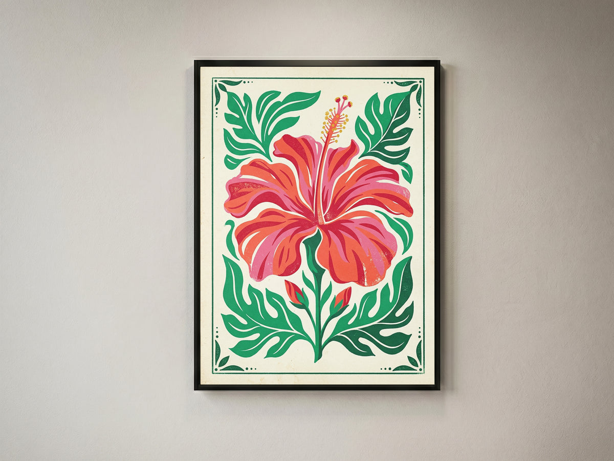 Symmetrical Tropical Hibiscus Botanical Wall Art Print Coral Red Floral Print