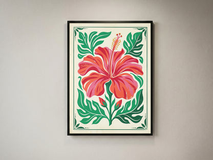 Symmetrical Tropical Hibiscus Botanical Wall Art Print Coral Red Floral Print