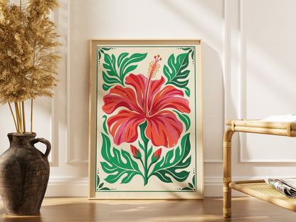 Symmetrical Tropical Hibiscus Botanical Wall Art Print Coral Red Floral Print
