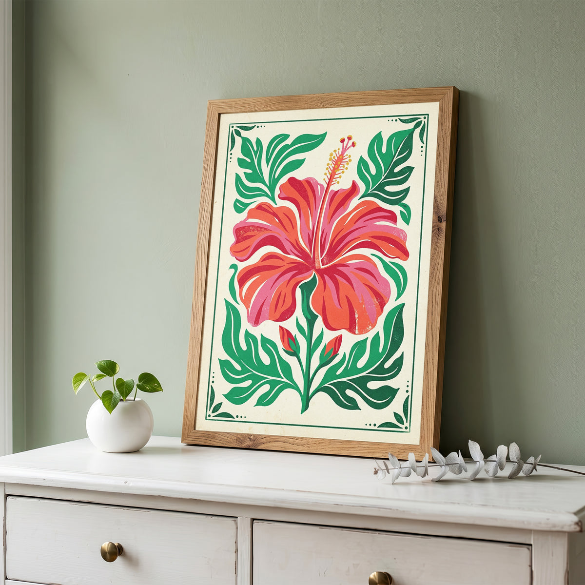 Symmetrical Tropical Hibiscus Botanical Wall Art Print Coral Red Floral Print