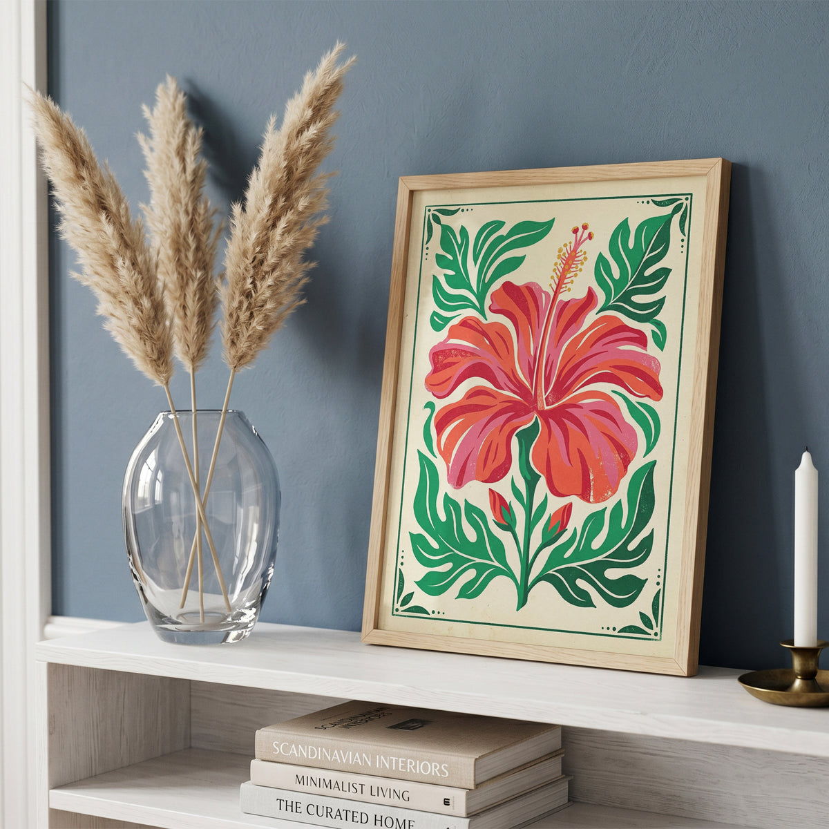 Symmetrical Tropical Hibiscus Botanical Wall Art Print Coral Red Floral Print