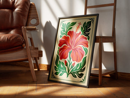 Symmetrical Tropical Hibiscus Botanical Wall Art Print Coral Red Floral Print