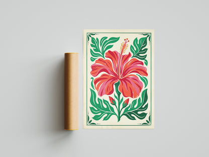 Symmetrical Tropical Hibiscus Botanical Wall Art Print Coral Red Floral Print