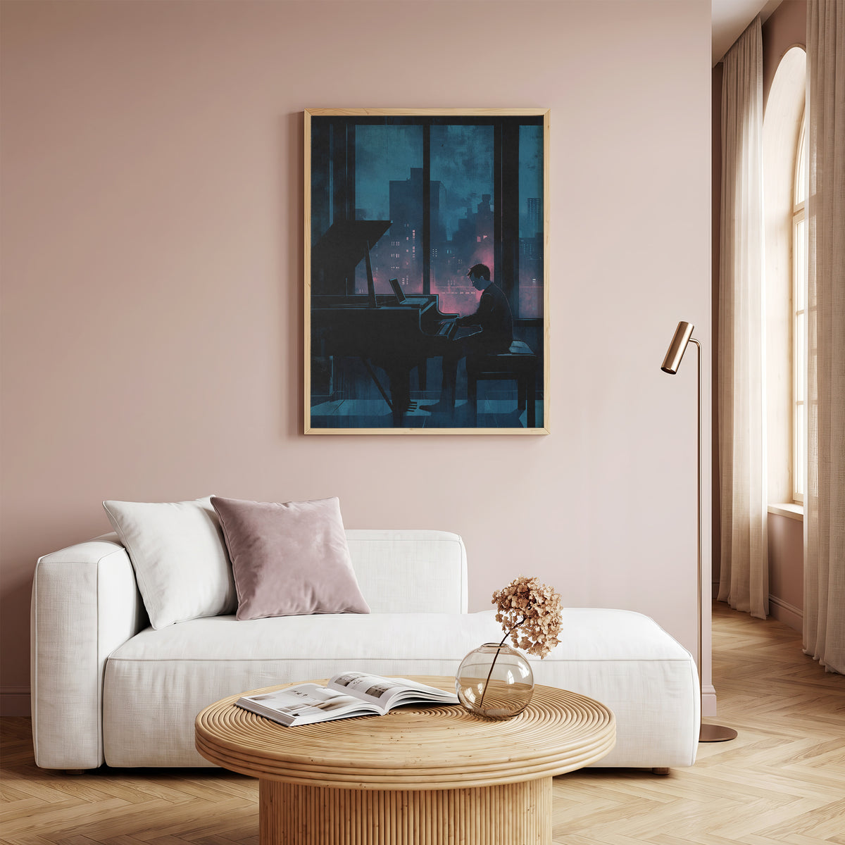 Moody Urban Penthouse Jazz Pianist Wall Art Print Rainy Night City Skyline &