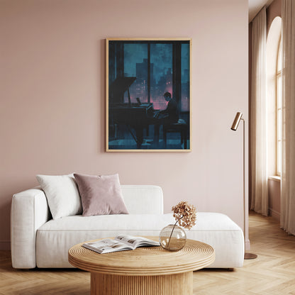 Moody Urban Penthouse Jazz Pianist Wall Art Print Rainy Night City Skyline &