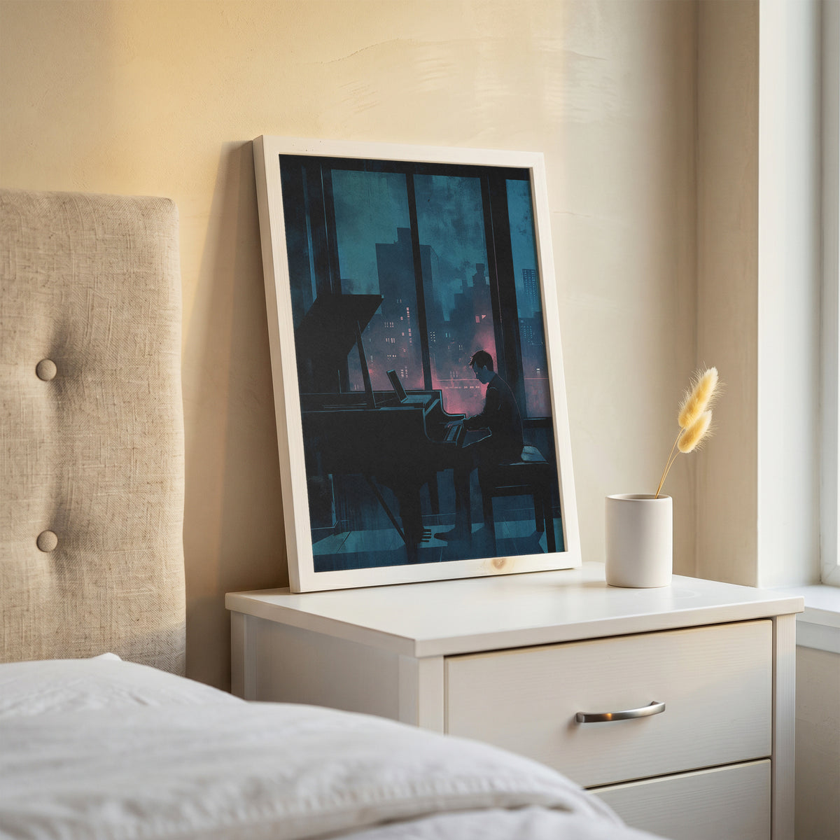 Moody Urban Penthouse Jazz Pianist Wall Art Print Rainy Night City Skyline &