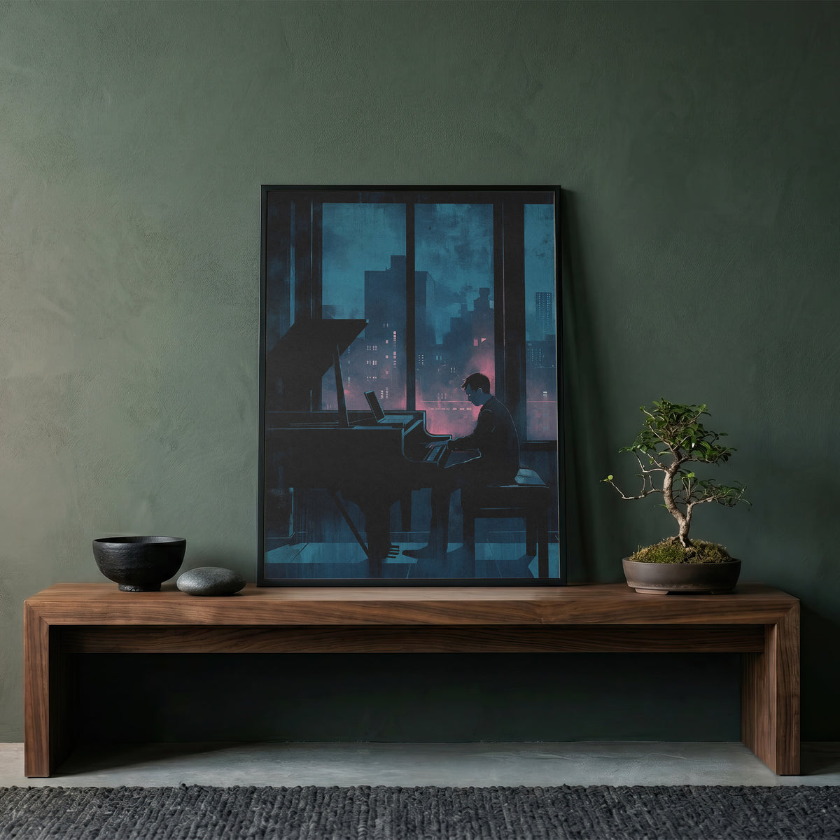 Moody Urban Penthouse Jazz Pianist Wall Art Print Rainy Night City Skyline &