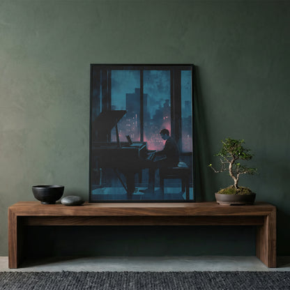 Moody Urban Penthouse Jazz Pianist Wall Art Print Rainy Night City Skyline &