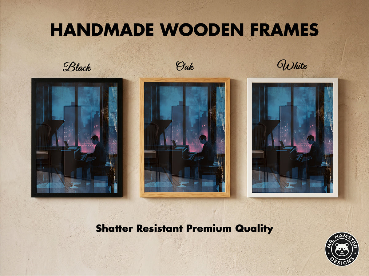 Moody Urban Penthouse Jazz Pianist Wall Art Print Rainy Night City Skyline &