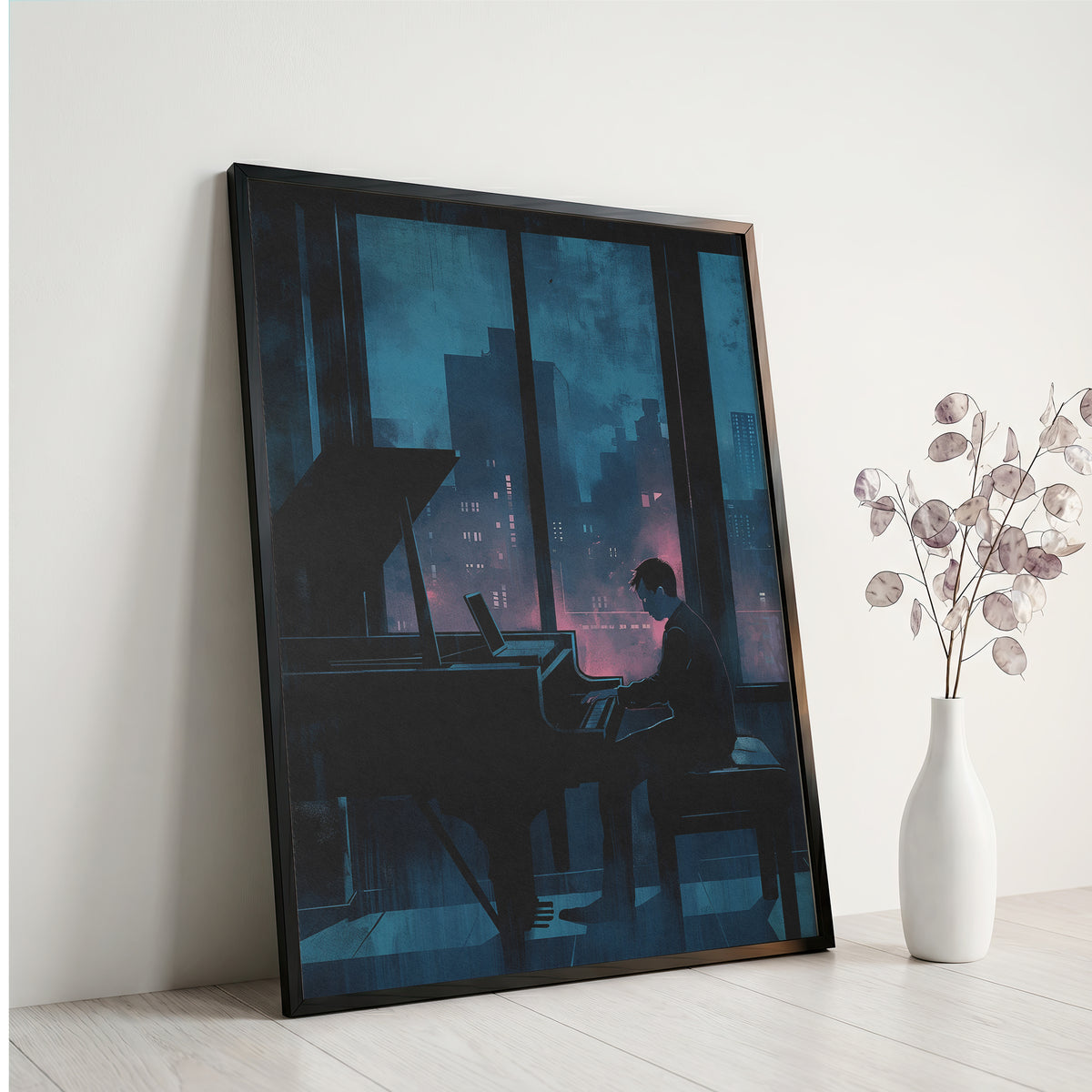 Moody Urban Penthouse Jazz Pianist Wall Art Print Rainy Night City Skyline &