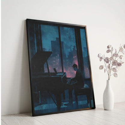 Moody Urban Penthouse Jazz Pianist Wall Art Print Rainy Night City Skyline &
