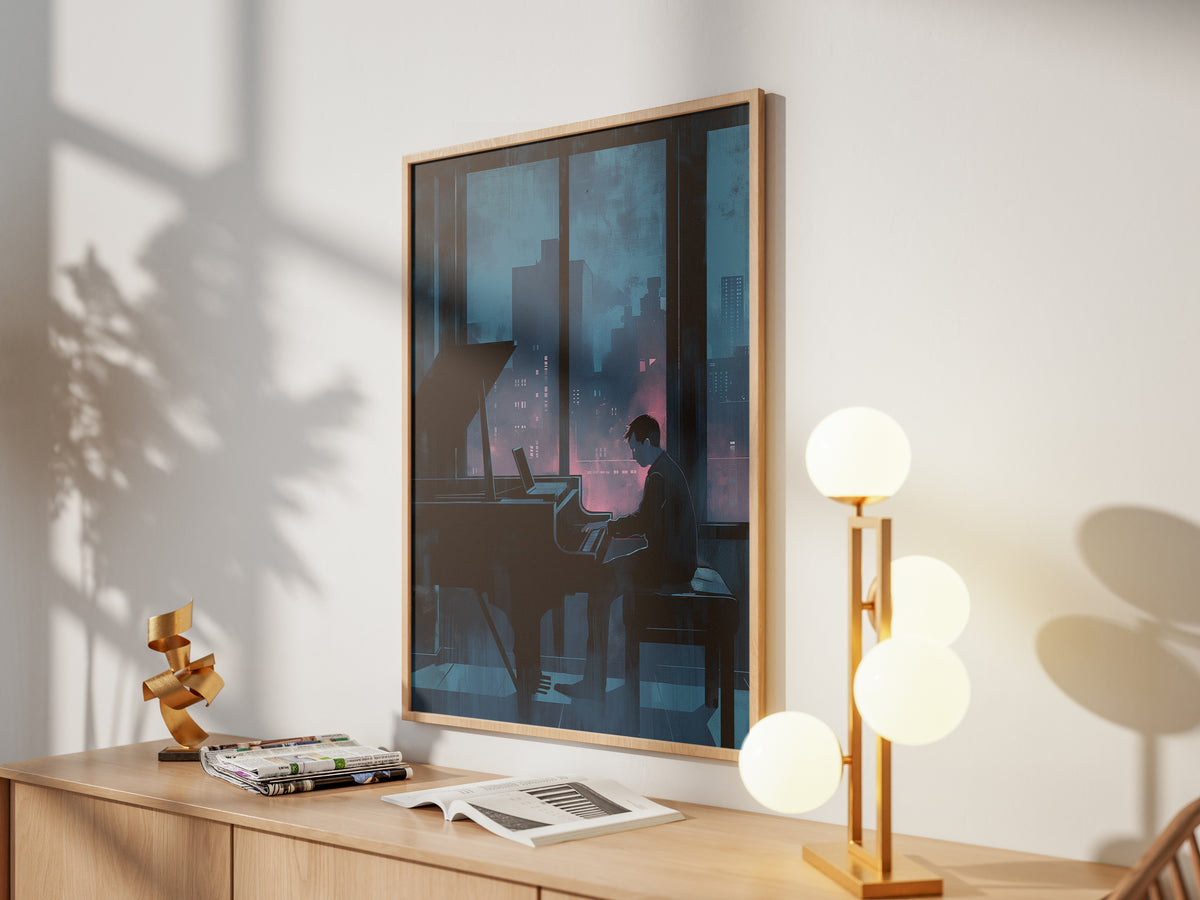 Moody Urban Penthouse Jazz Pianist Wall Art Print Rainy Night City Skyline &