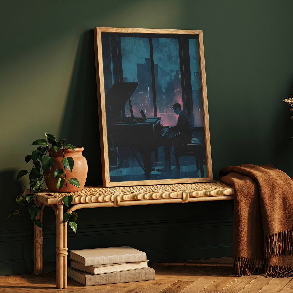 Moody Urban Penthouse Jazz Pianist Wall Art Print Rainy Night City Skyline &