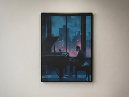 Moody Urban Penthouse Jazz Pianist Wall Art Print Rainy Night City Skyline &