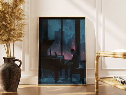 Moody Urban Penthouse Jazz Pianist Wall Art Print Rainy Night City Skyline &