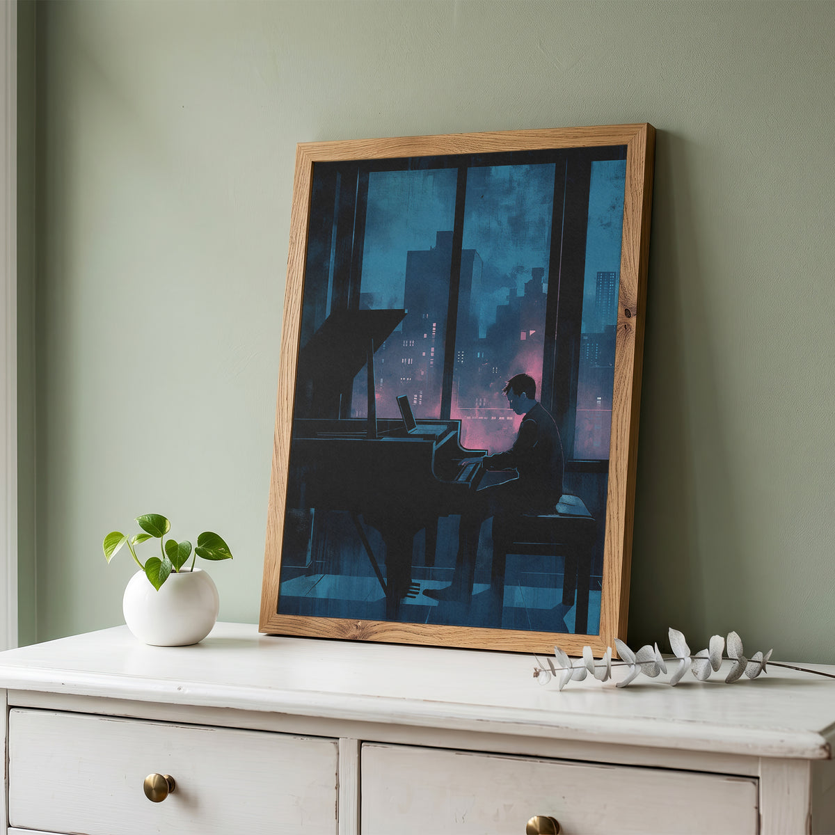 Moody Urban Penthouse Jazz Pianist Wall Art Print Rainy Night City Skyline &