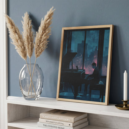 Moody Urban Penthouse Jazz Pianist Wall Art Print Rainy Night City Skyline &