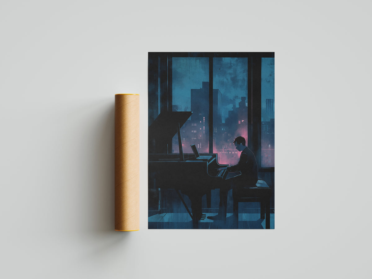 Moody Urban Penthouse Jazz Pianist Wall Art Print Rainy Night City Skyline &