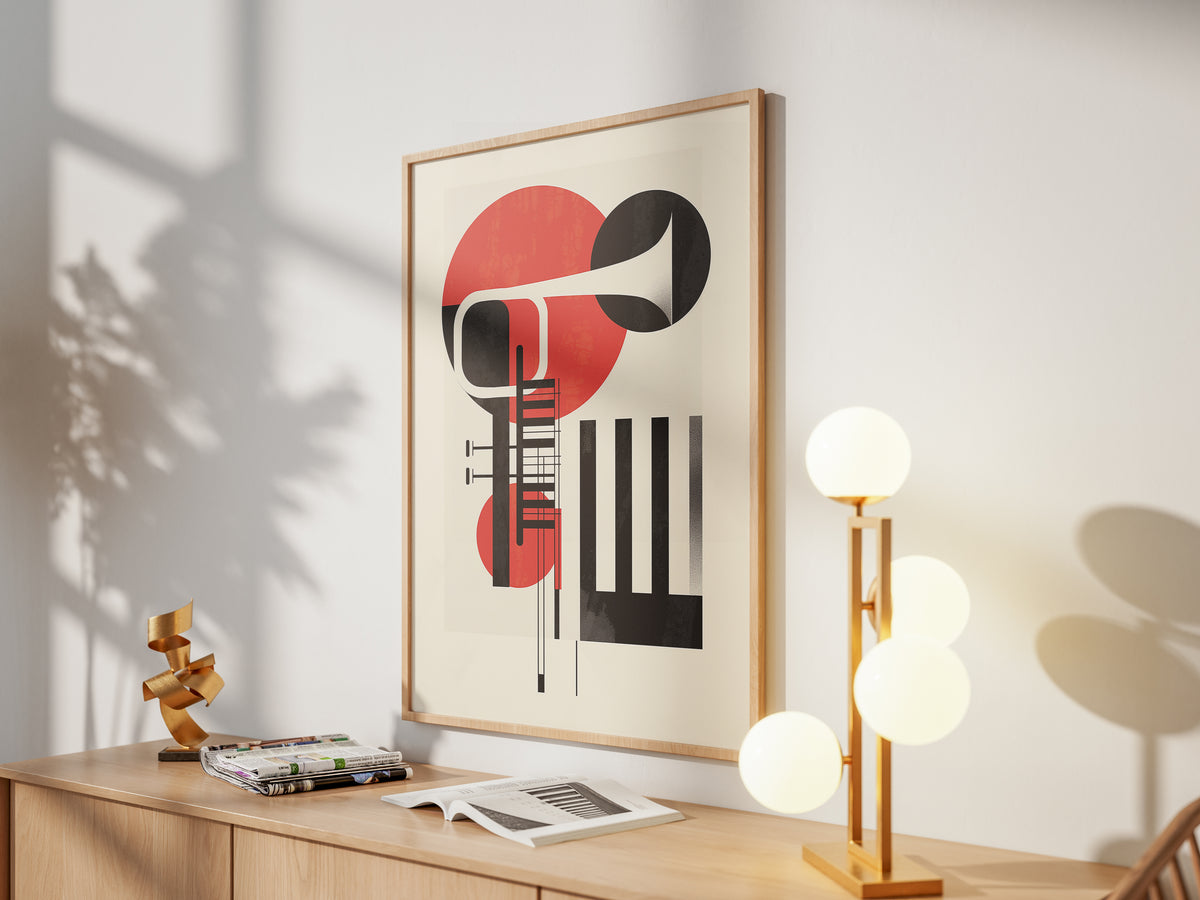 Jazz Geometric Trumpet & Piano Wall Art, Bauhaus Music Poster