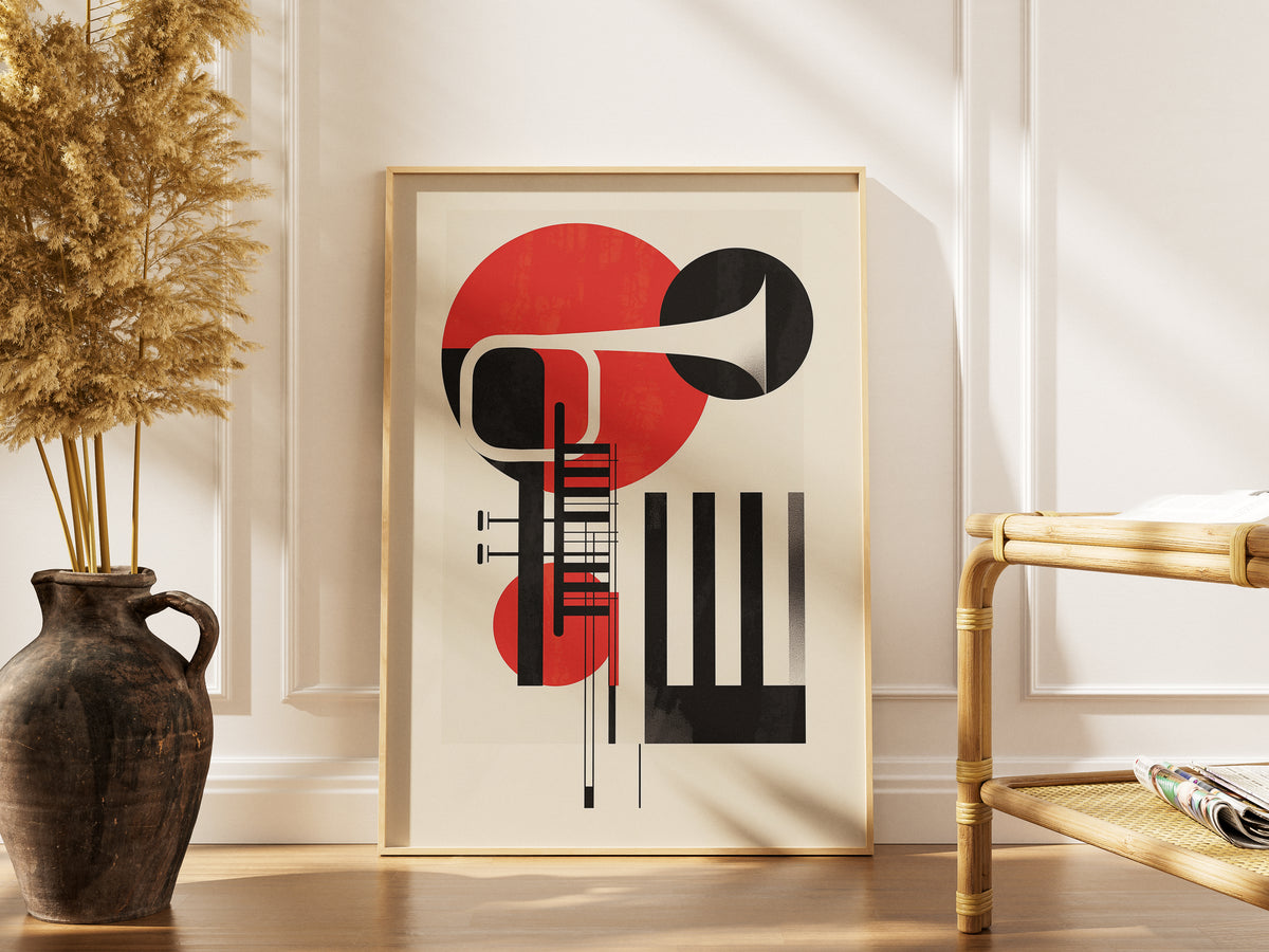 Jazz Geometric Trumpet & Piano Wall Art, Bauhaus Music Poster