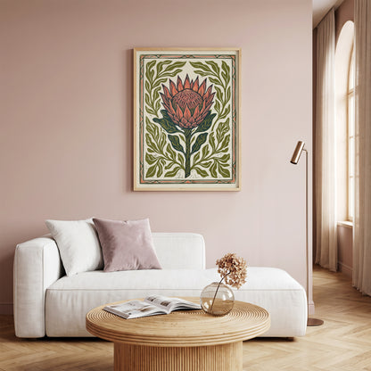 King Protea Linocut Print Botanical Flower Poster Rustic Nature Decor Boho Print