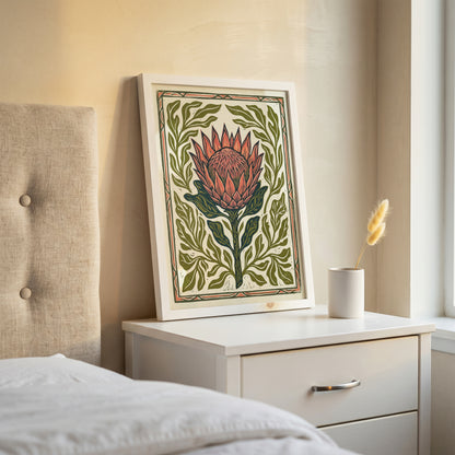 King Protea Linocut Print Botanical Flower Poster Rustic Nature Decor Boho Print
