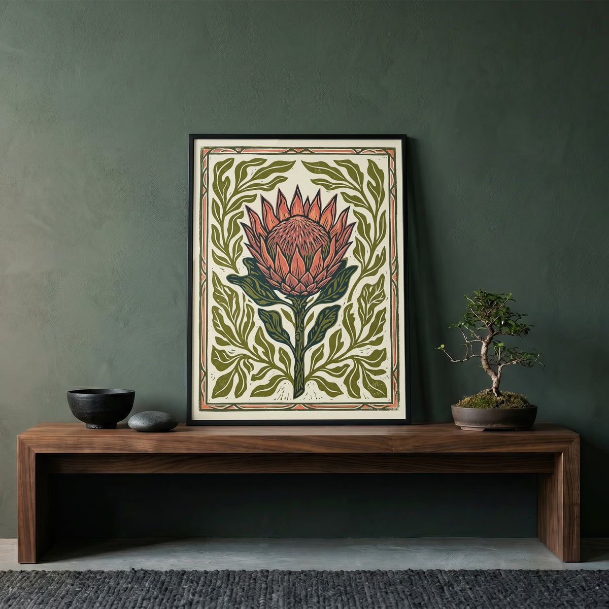 King Protea Linocut Print Botanical Flower Poster Rustic Nature Decor Boho Print