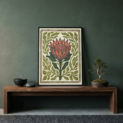 King Protea Linocut Print Botanical Flower Poster Rustic Nature Decor Boho Print