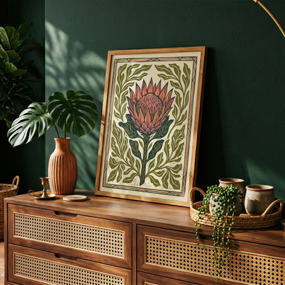 King Protea Linocut Print Botanical Flower Poster Rustic Nature Decor Boho Print