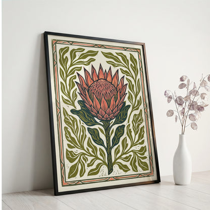 King Protea Linocut Print Botanical Flower Poster Rustic Nature Decor Boho Print