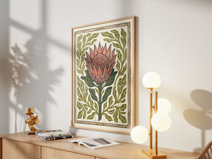King Protea Linocut Print Botanical Flower Poster Rustic Nature Decor Boho Print