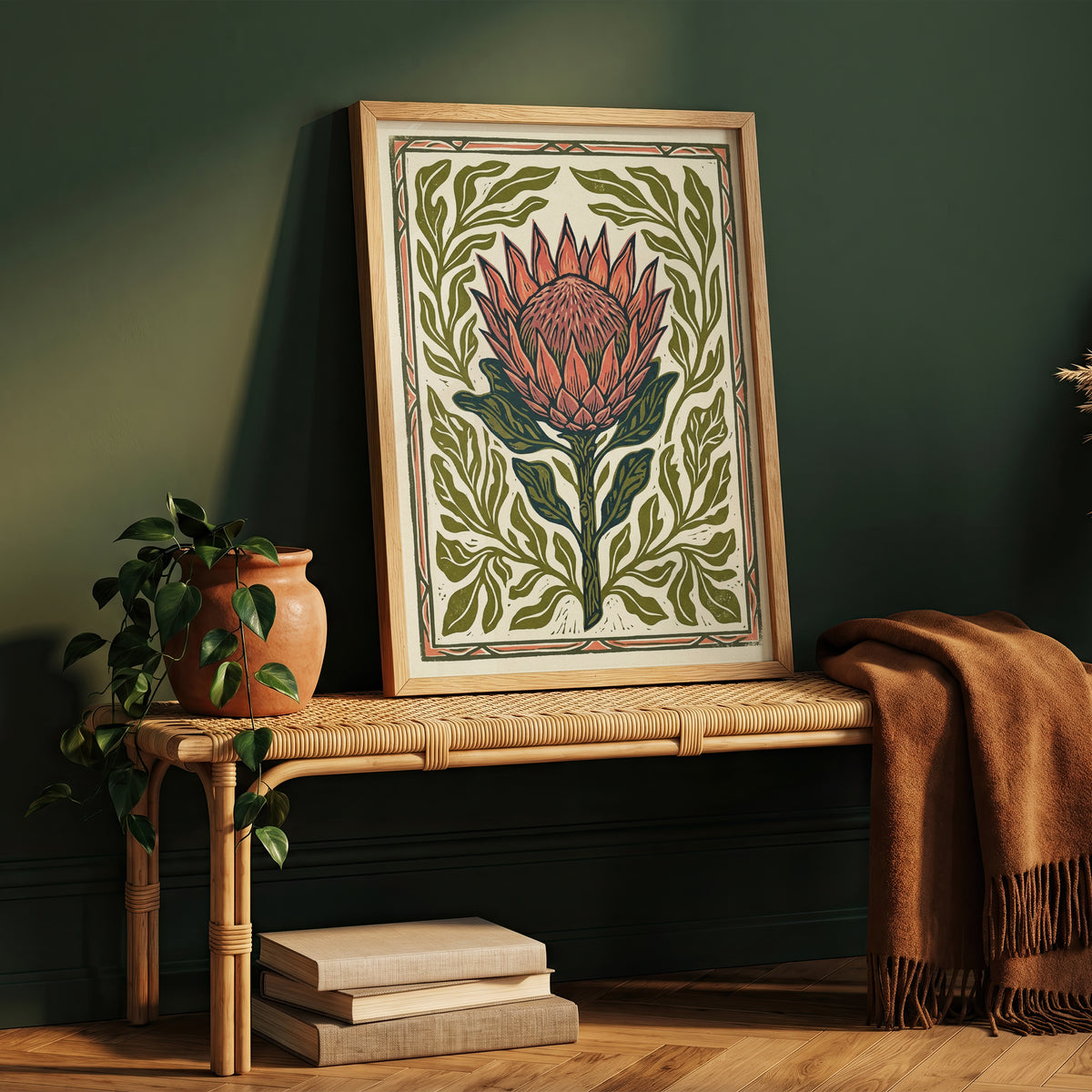 King Protea Linocut Print Botanical Flower Poster Rustic Nature Decor Boho Print
