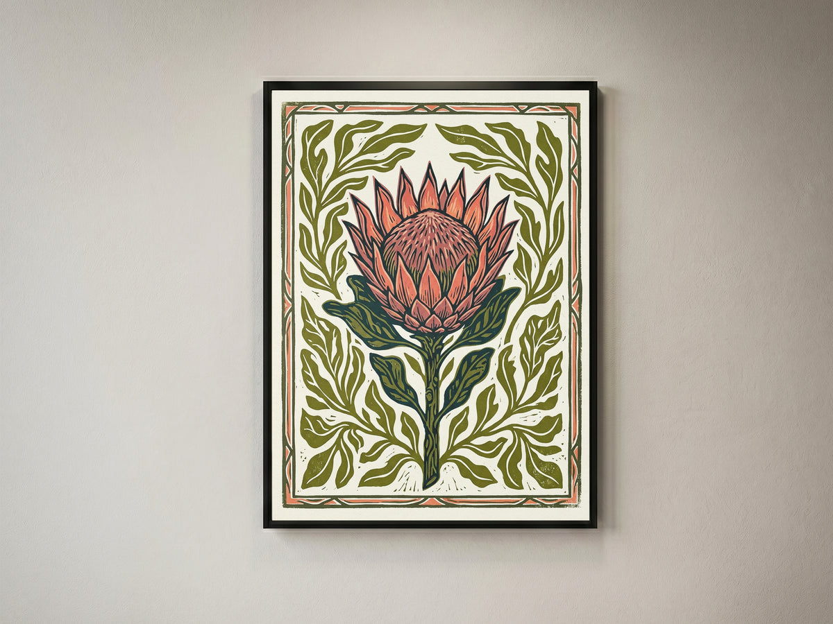 King Protea Linocut Print Botanical Flower Poster Rustic Nature Decor Boho Print