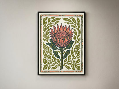 King Protea Linocut Print Botanical Flower Poster Rustic Nature Decor Boho Print