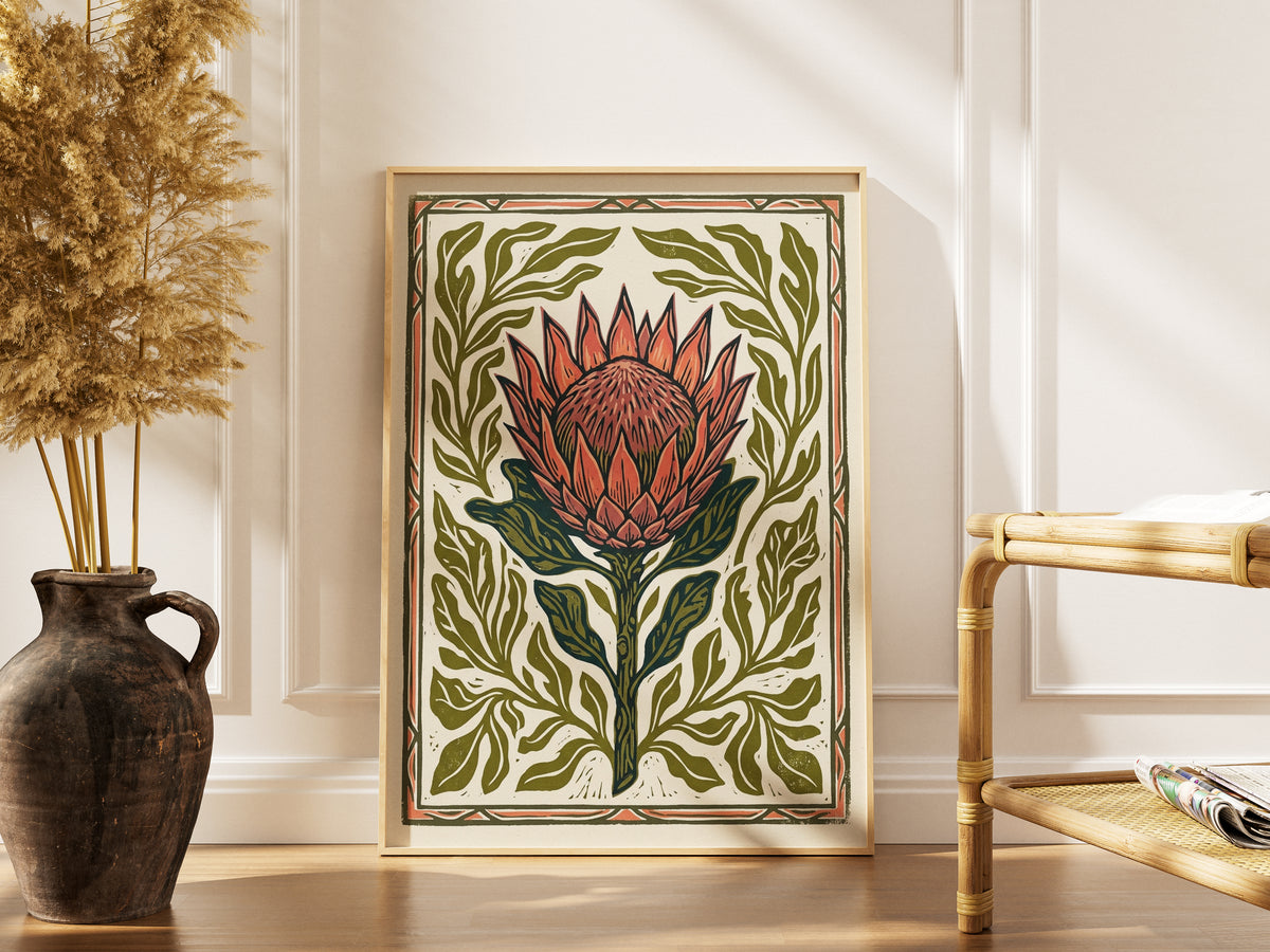 King Protea Linocut Print Botanical Flower Poster Rustic Nature Decor Boho Print