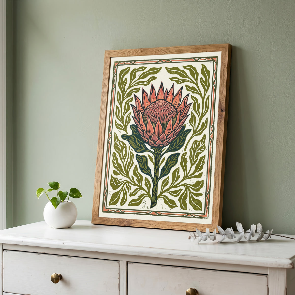 King Protea Linocut Print Botanical Flower Poster Rustic Nature Decor Boho Print