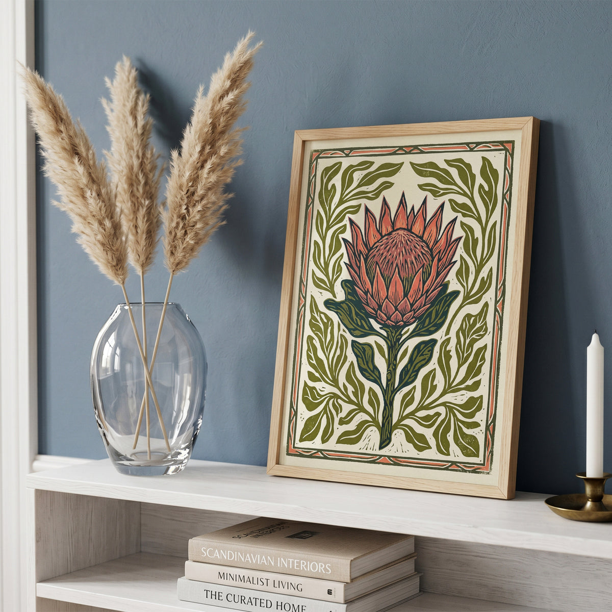 King Protea Linocut Print Botanical Flower Poster Rustic Nature Decor Boho Print
