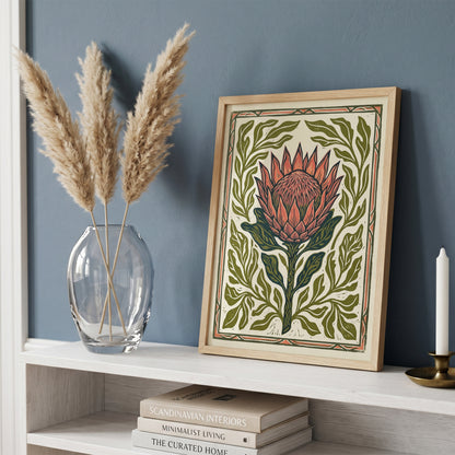 King Protea Linocut Print Botanical Flower Poster Rustic Nature Decor Boho Print
