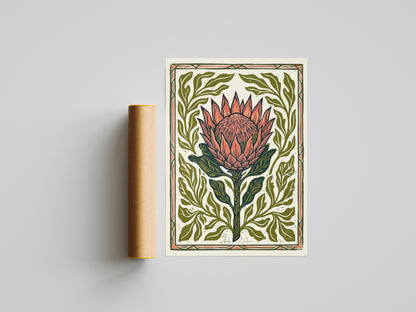 King Protea Linocut Print Botanical Flower Poster Rustic Nature Decor Boho Print