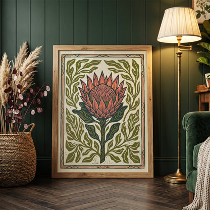 King Protea Linocut Print Botanical Flower Poster Rustic Nature Decor Boho Print