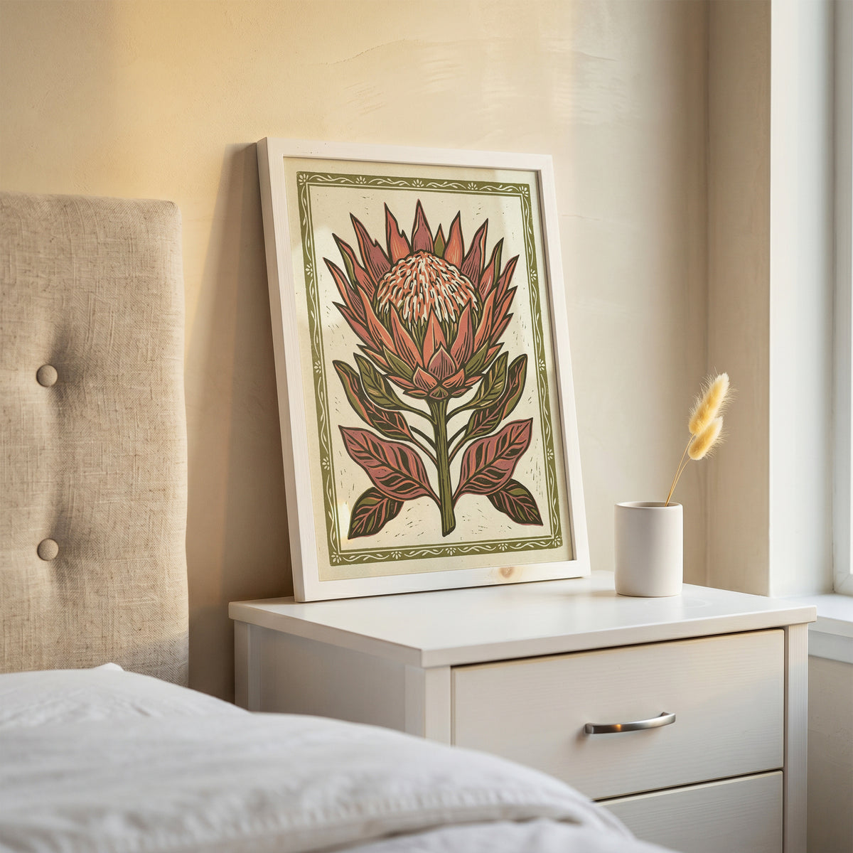 King Protea Linocut Print Botanical Floral Wall Art Earthy Tone Decor Wall Print