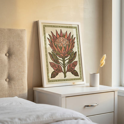 King Protea Linocut Print Botanical Floral Wall Art Earthy Tone Decor Wall Print