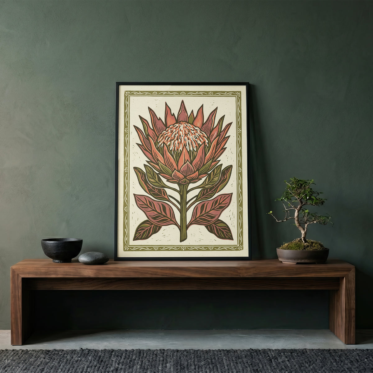 King Protea Linocut Print Botanical Floral Wall Art Earthy Tone Decor Wall Print