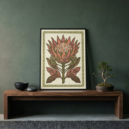 King Protea Linocut Print Botanical Floral Wall Art Earthy Tone Decor Wall Print