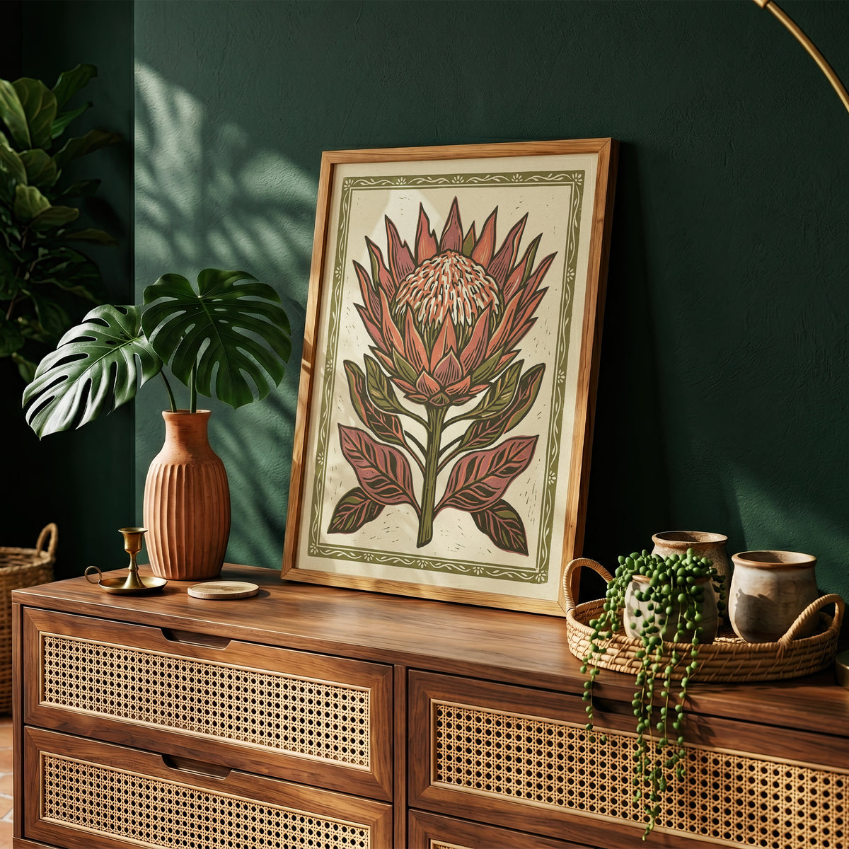 King Protea Linocut Print Botanical Floral Wall Art Earthy Tone Decor Wall Print