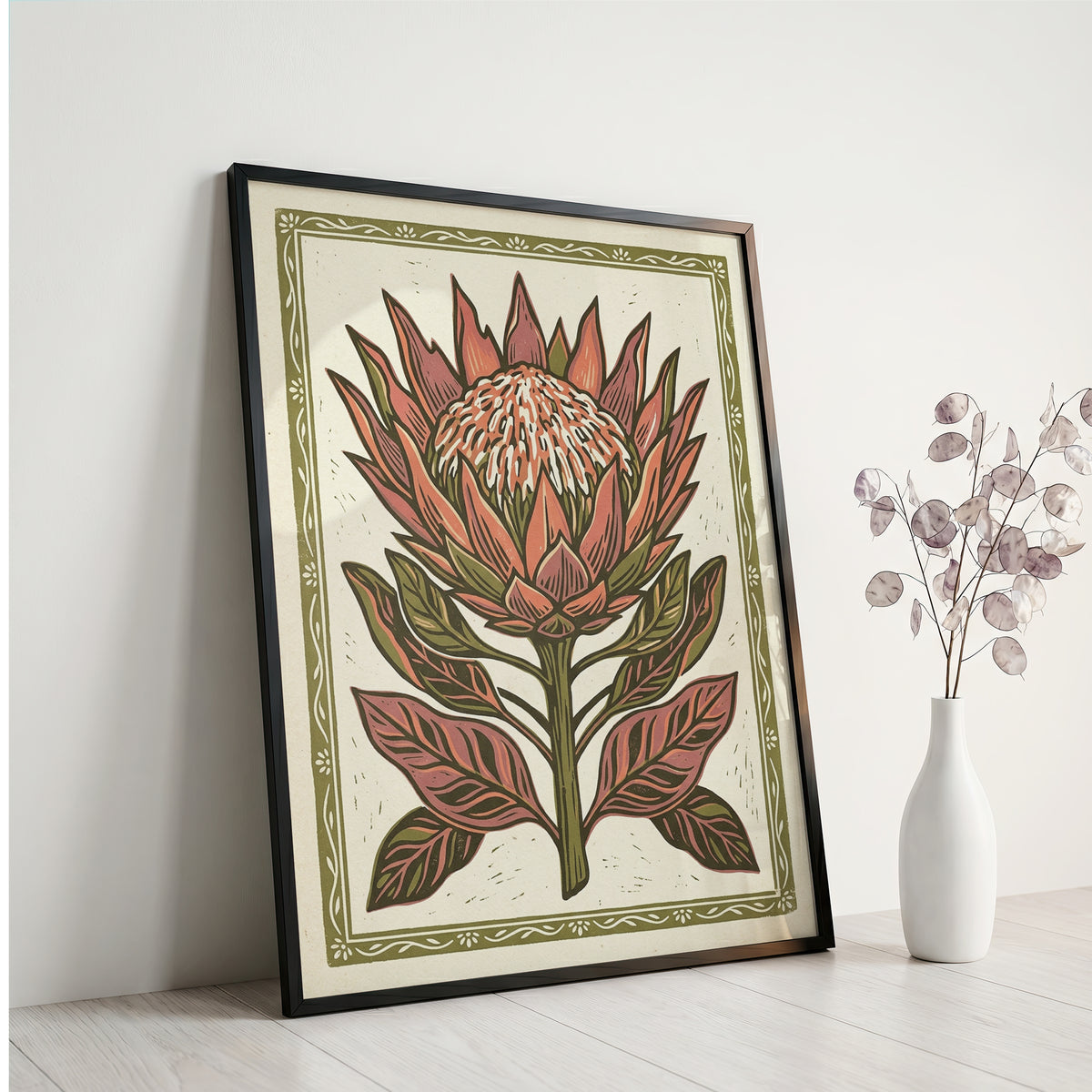 King Protea Linocut Print Botanical Floral Wall Art Earthy Tone Decor Wall Print