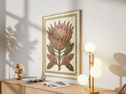 King Protea Linocut Print Botanical Floral Wall Art Earthy Tone Decor Wall Print