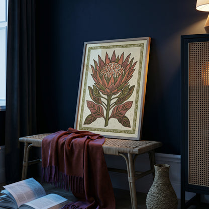 King Protea Linocut Print Botanical Floral Wall Art Earthy Tone Decor Wall Print