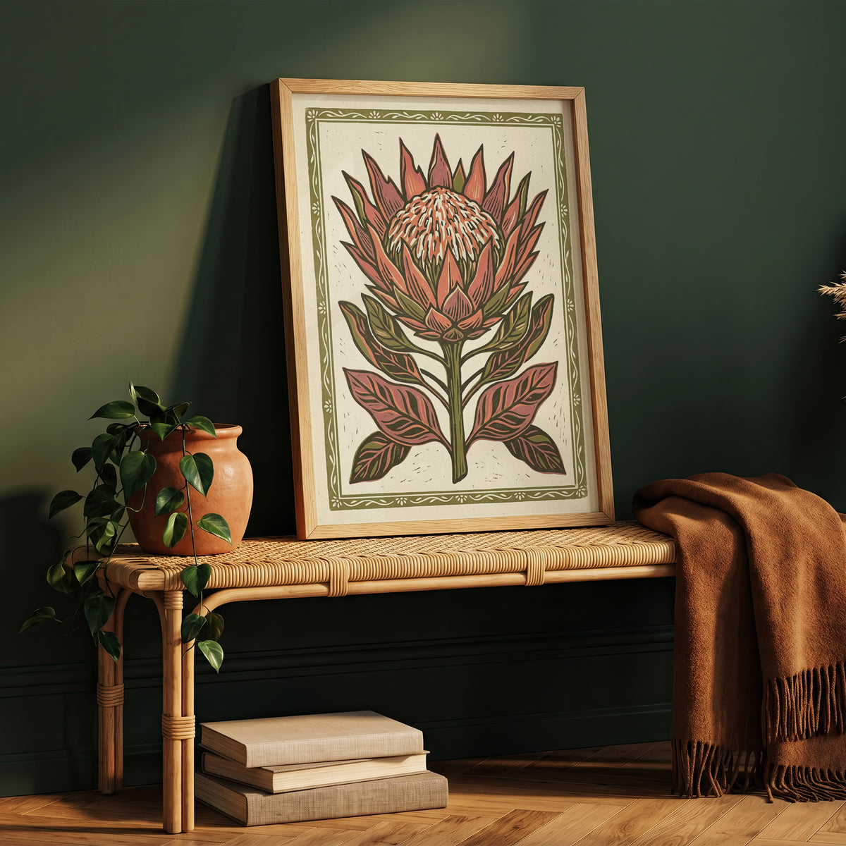 King Protea Linocut Print Botanical Floral Wall Art Earthy Tone Decor Wall Print