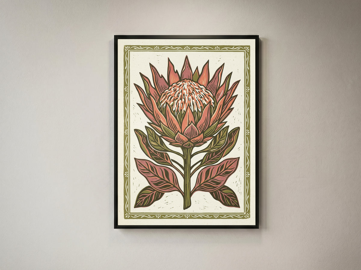 King Protea Linocut Print Botanical Floral Wall Art Earthy Tone Decor Wall Print